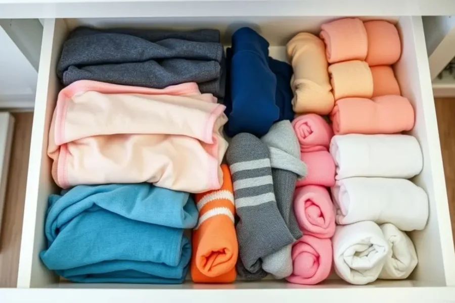 Gaveta organizada preenchida com roupas íntimas e meias dobradas.