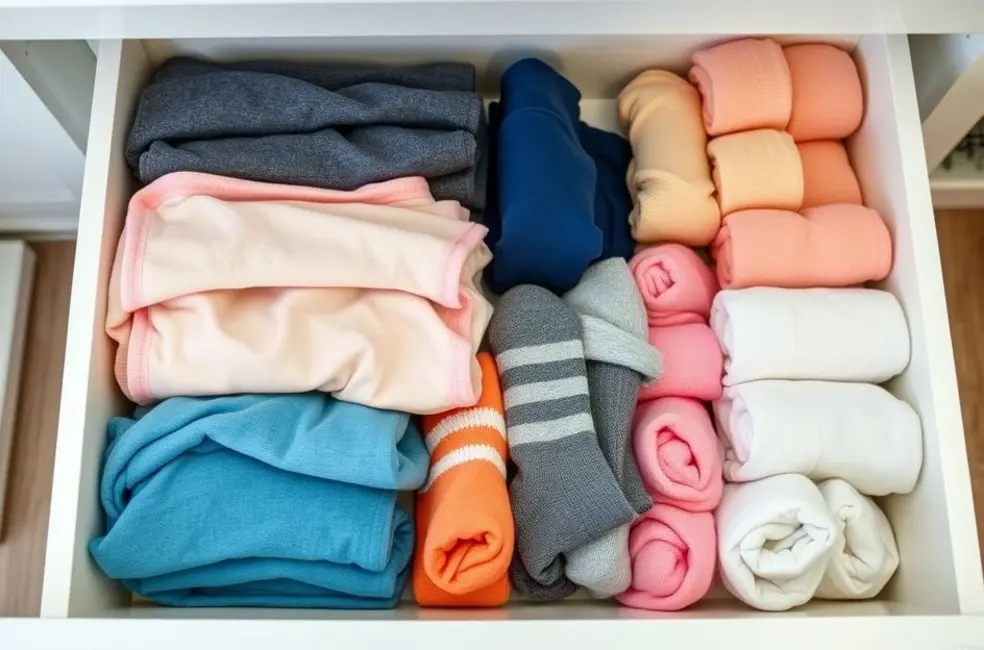 7 Dicas Práticas para Organizar Suas Gavetas de Roupas Íntimas e Meias 8 Gaveta organizada preenchida com roupas íntimas e meias dobradas.