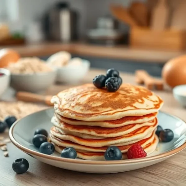 Panquecas proteicas prontas em uma cozinha acolhedora.