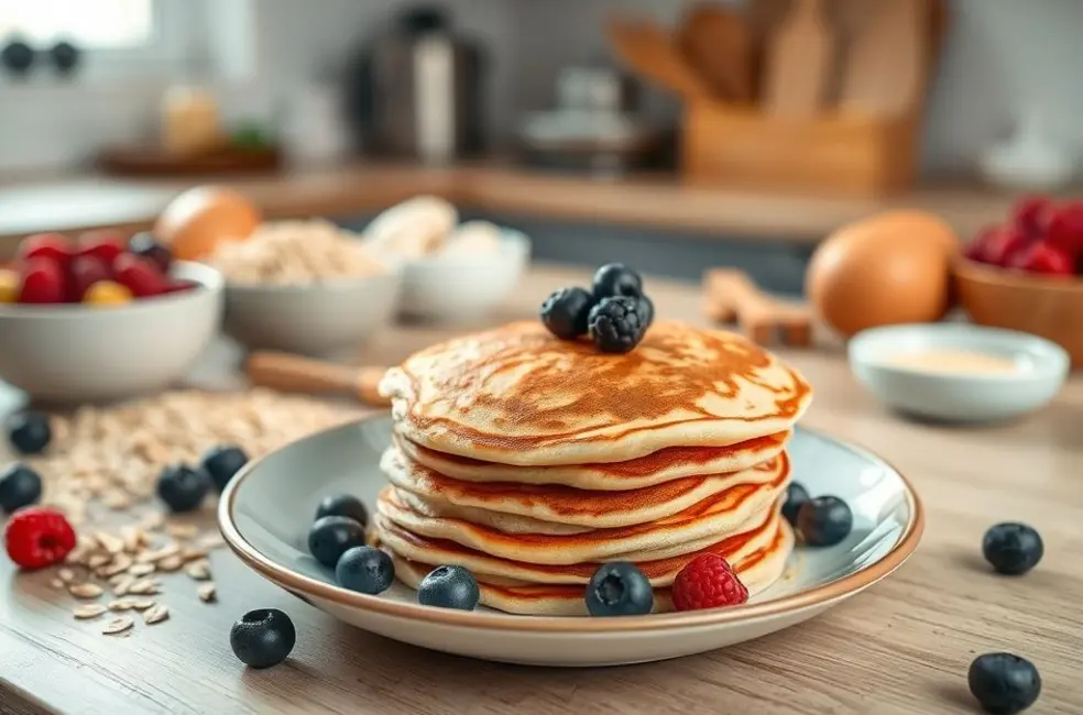 Deliciosas Panquecas Proteicas: 7 Receitas Irresistíveis para Mulheres que Amam Treinar 8 Panquecas proteicas prontas em uma cozinha acolhedora.