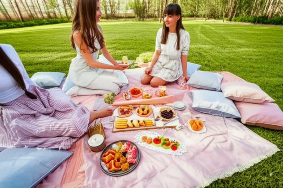 Mulheres desfrutando de um piquenique temático em um ambiente relaxante.