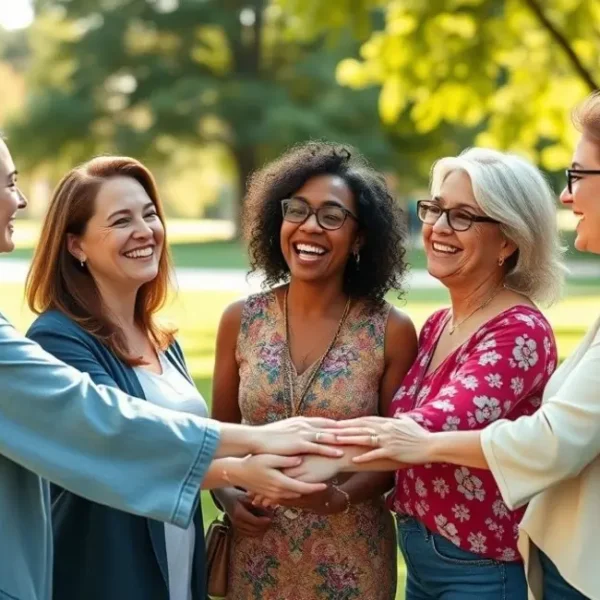 Grupo de mulheres diversas apoiando umas às outras em um ambiente ao ar livre, representando suporte emocional.