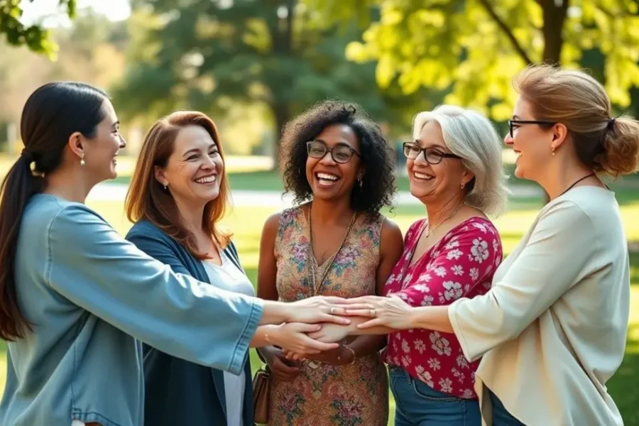 Grupo de mulheres diversas apoiando umas às outras em um ambiente ao ar livre, representando suporte emocional.