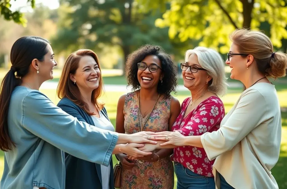 7 Passos para Praticar Primeiros Socorros Emocionais e Transformar Seu Bem-Estar 8 Grupo de mulheres diversas apoiando umas às outras em um ambiente ao ar livre, representando suporte emocional.
