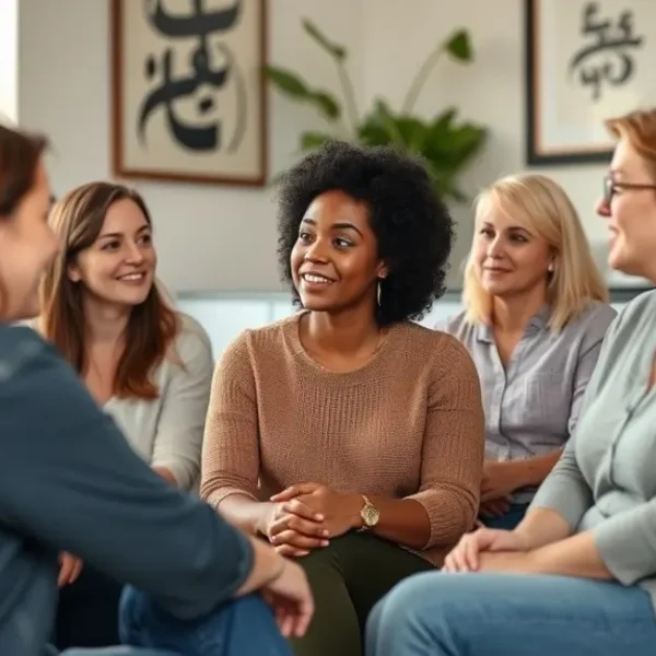Grupo de mulheres sentadas em um círculo, discutindo sobre relacionamentos e apoio mútuo.