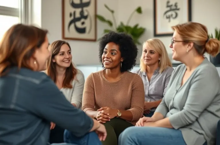 Grupo de mulheres sentadas em um círculo, discutindo sobre relacionamentos e apoio mútuo.