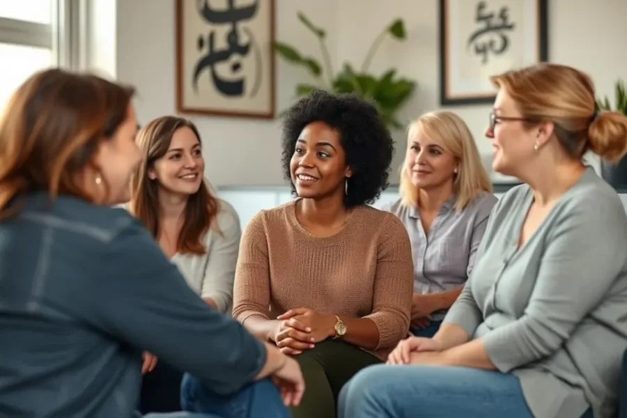 Grupo de mulheres sentadas em um círculo, discutindo sobre relacionamentos e apoio mútuo.