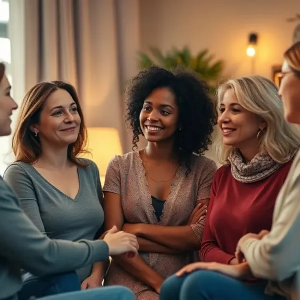 Grupo de mulheres discutindo terapia e relacionamentos em um ambiente acolhedor.
