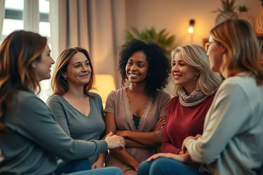 Grupo de mulheres discutindo terapia e relacionamentos em um ambiente acolhedor.