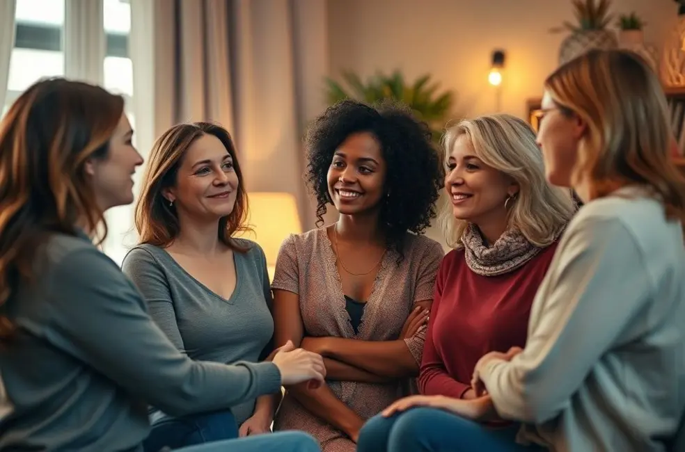 7 Estratégias Poderosas para Fortalecer Seu Relacionamento Através da Terapia 8 Grupo de mulheres discutindo terapia e relacionamentos em um ambiente acolhedor.