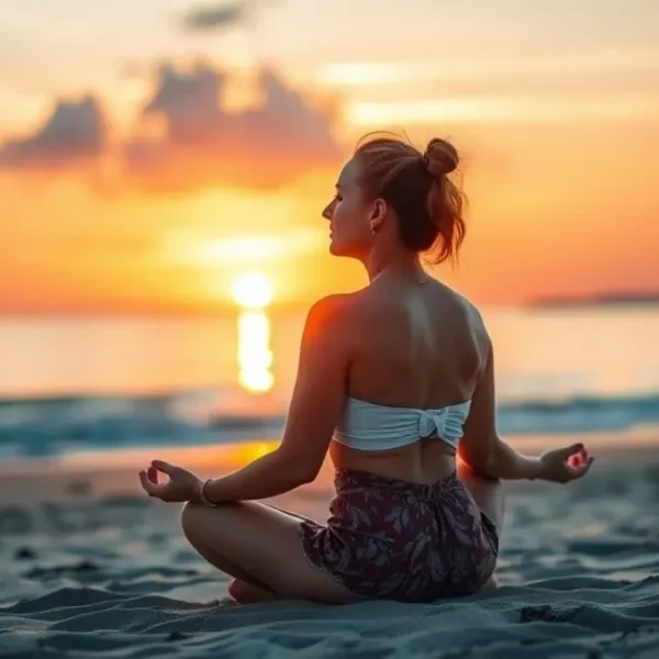 Mulher meditando na praia ao pôr do sol.