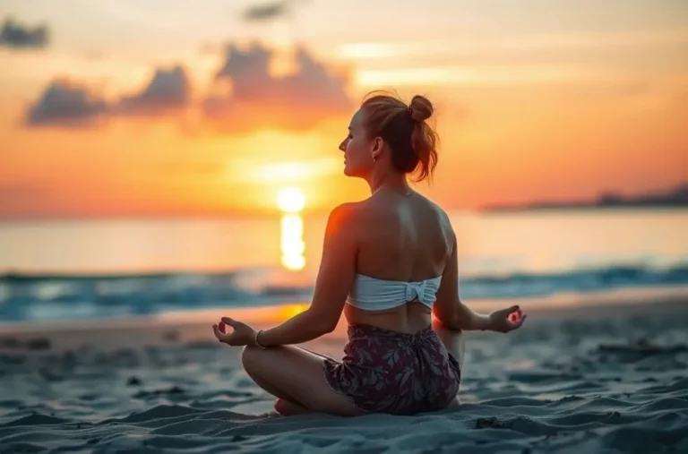 Mulher meditando na praia ao pôr do sol.