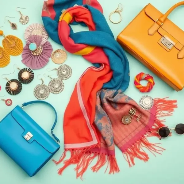 Vários acessórios de moda dispostos de maneira estilosa.