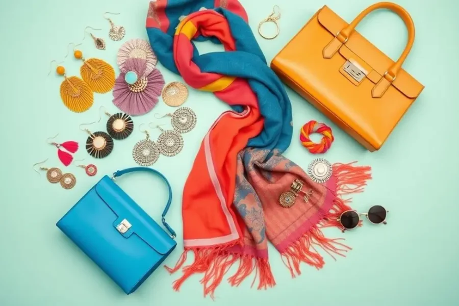 Vários acessórios de moda dispostos de maneira estilosa.