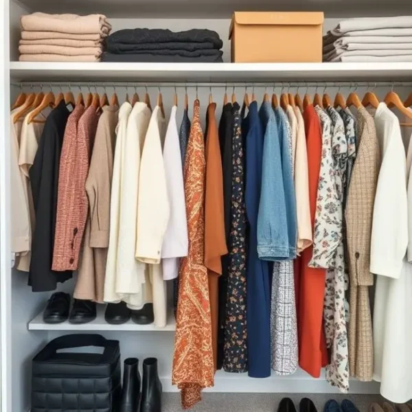 Imagem de um guarda-roupa organizado com roupas dispostas de forma estilosa.