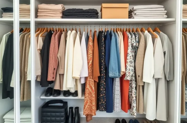 Imagem de um guarda-roupa organizado com roupas dispostas de forma estilosa.