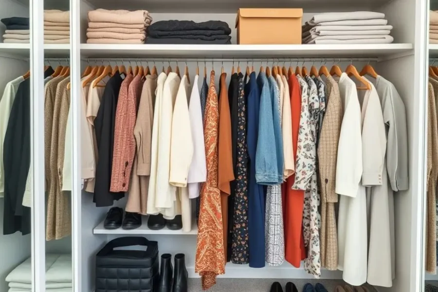 Imagem de um guarda-roupa organizado com roupas dispostas de forma estilosa.