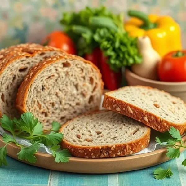 Refeição saudável energizada com pão integral e vegetais frescos.