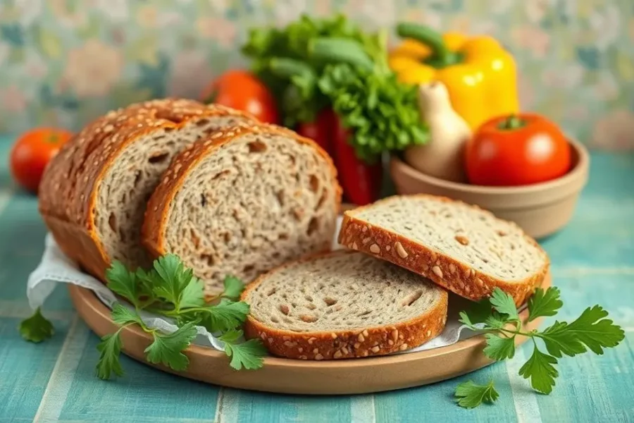 Refeição saudável energizada com pão integral e vegetais frescos.