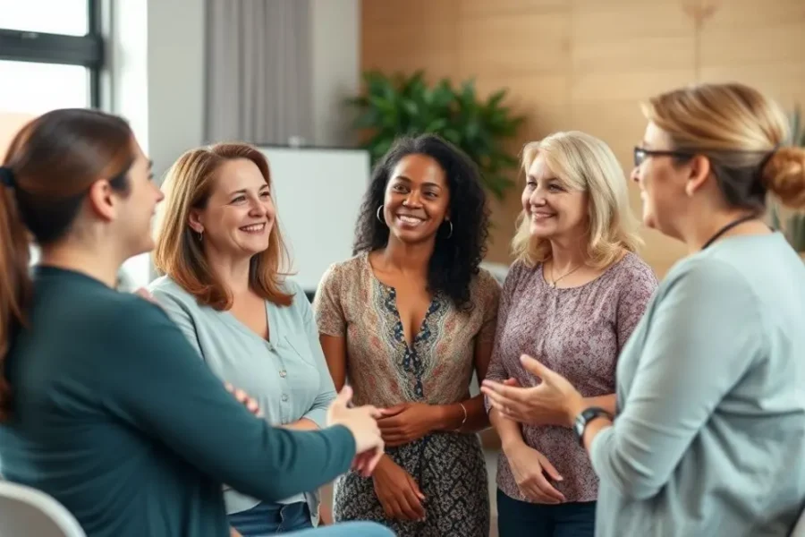 Grupo de mulheres em um workshop sobre resiliência emocional.
