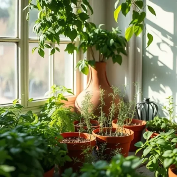 Vista de um jardim de ervas em ambiente interno, em um espaço iluminado e tranquilo.
