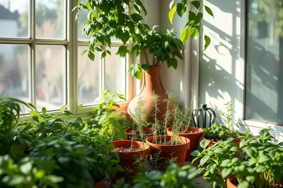 Vista de um jardim de ervas em ambiente interno, em um espaço iluminado e tranquilo.