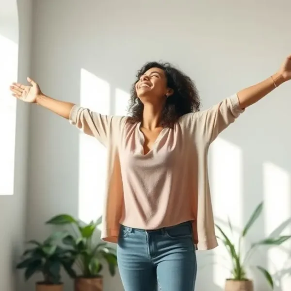 Mulher em um espaço minimalista, simbolizando liberdade e simplicidade.