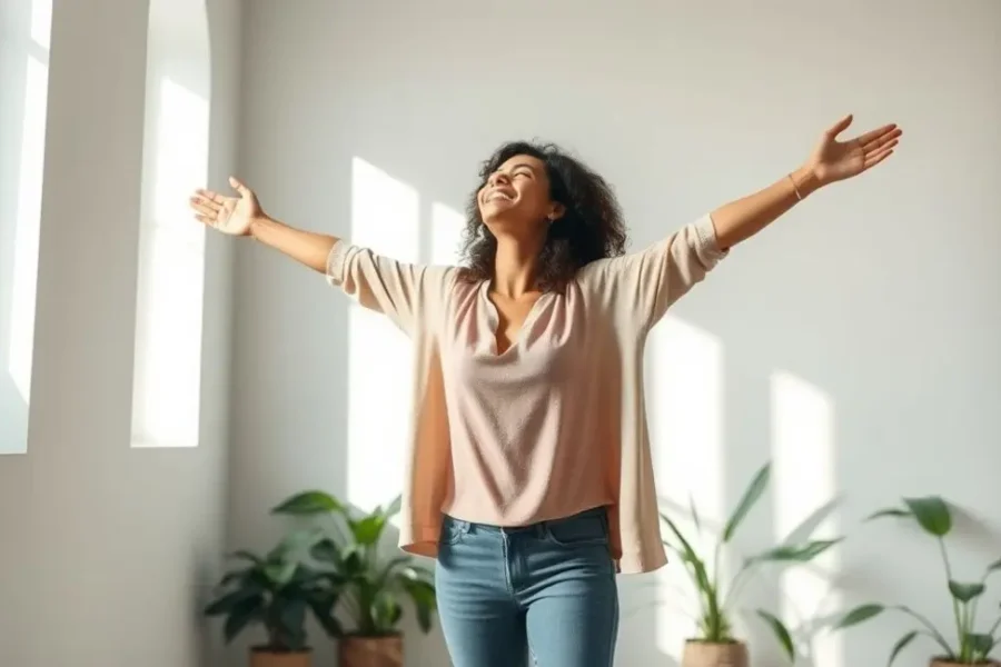 Mulher em um espaço minimalista, simbolizando liberdade e simplicidade.