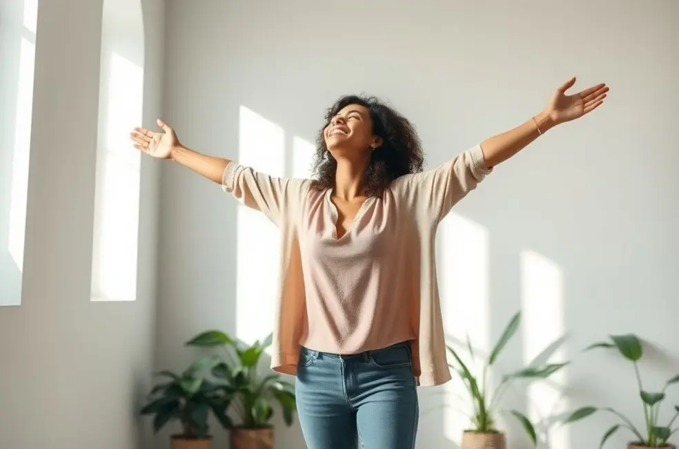 7 Passos para Abraçar o Minimalismo e Simplificar sua Vida 8 Mulher em um espaço minimalista, simbolizando liberdade e simplicidade.