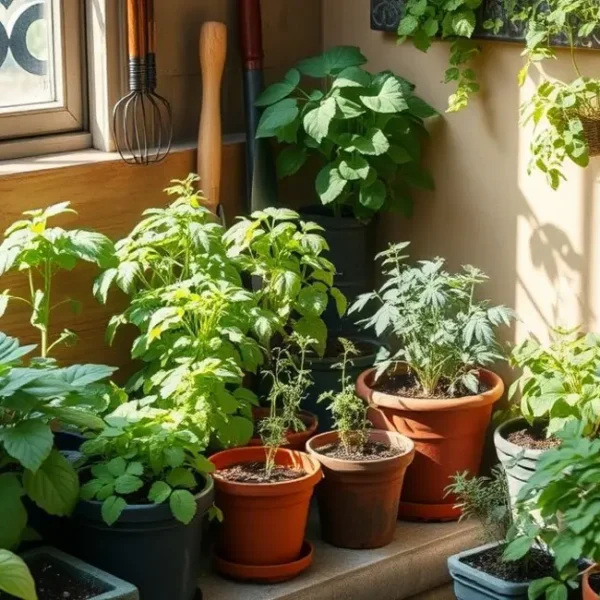 Um canto convidativo de horta de ervas com luz natural.