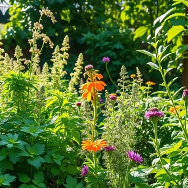 Horta urbana vibrante cheia de ervas.