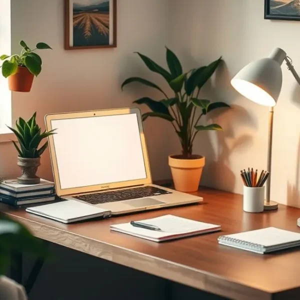 Espaço de trabalho aconchegante e organizado com plantas e boa iluminação.