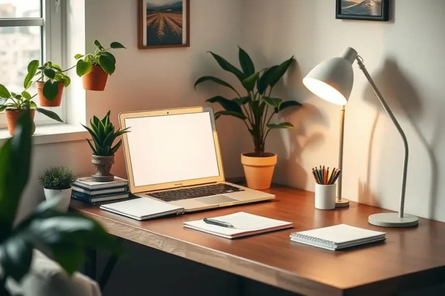 Espaço de trabalho aconchegante e organizado com plantas e boa iluminação.