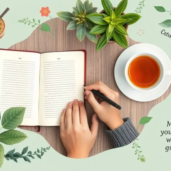 Pessoa escrevendo em um diário rodeada de elementos criativos.