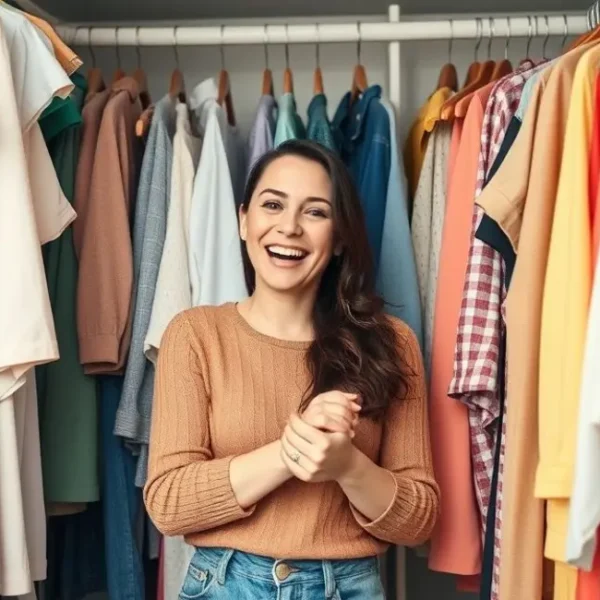 Uma mulher feliz organizando seu guarda-roupa.
