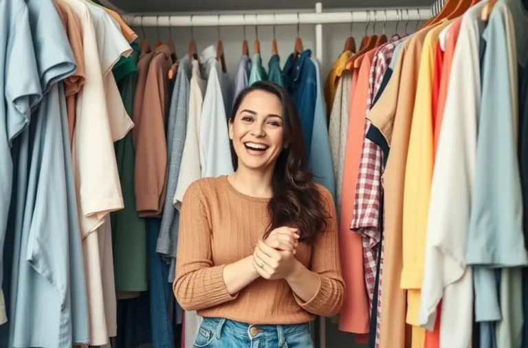 Uma mulher feliz organizando seu guarda-roupa.