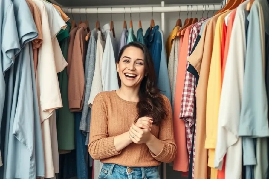 Uma mulher feliz organizando seu guarda-roupa.