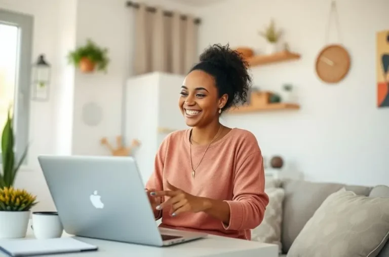 Mulher feliz e multitarefa mostrando equilíbrio na vida cotidiana.