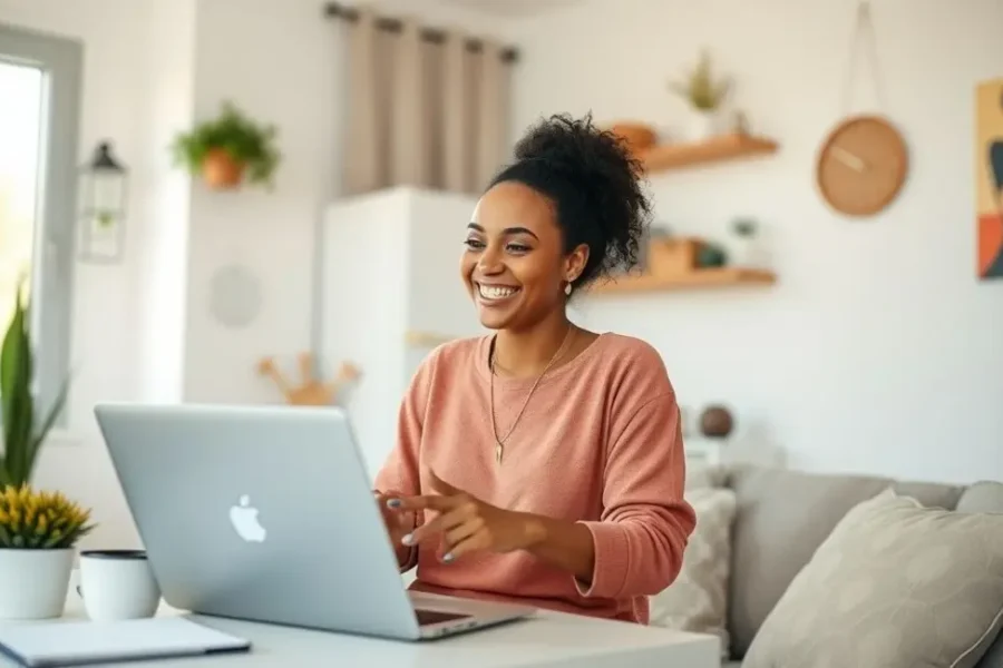 Mulher feliz e multitarefa mostrando equilíbrio na vida cotidiana.