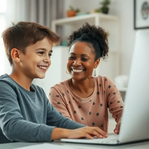 Mãe trabalhando em casa, feliz e equilibrando maternidade e vida profissional.