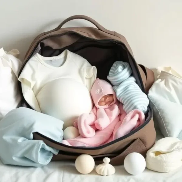 Ambiente aconchegante com itens de bolsa de maternidade.