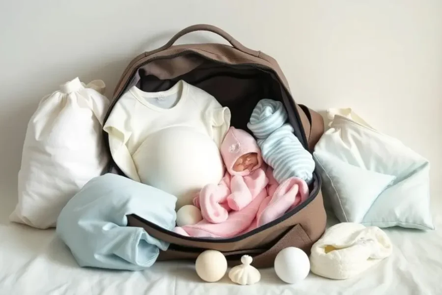 Ambiente aconchegante com itens de bolsa de maternidade.