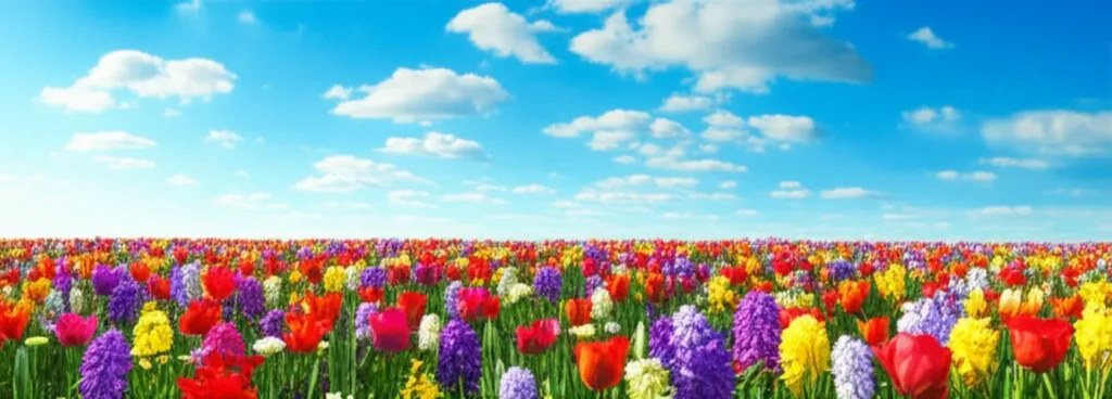 Paisagem vibrante com flores em flor e céu azul, simbolizando crescimento e abundância.