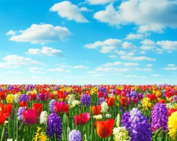 Paisagem vibrante com flores em flor e céu azul, simbolizando crescimento e abundância.