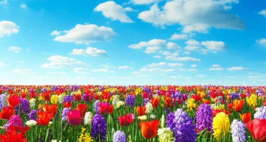 Paisagem vibrante com flores em flor e céu azul, simbolizando crescimento e abundância.