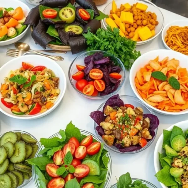 Uma mesa bem decorada com várias saladas coloridas e saudáveis.
