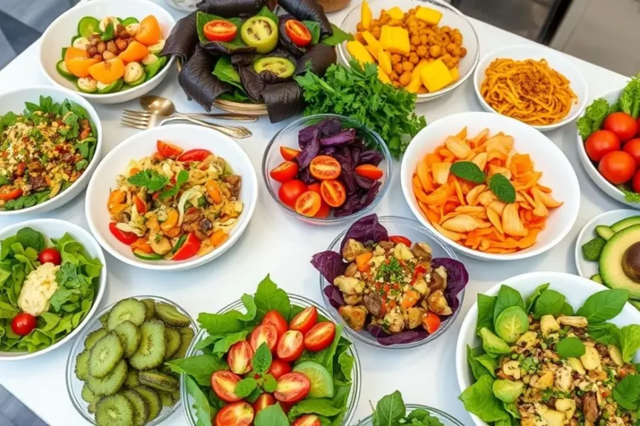 Uma mesa bem decorada com várias saladas coloridas e saudáveis.