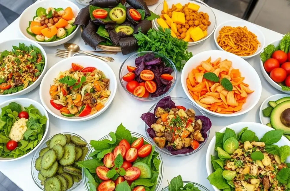 7 Saladas Criativas que Vão Satisfazer sua Fome e Aumentar sua Saúde 8 Uma mesa bem decorada com várias saladas coloridas e saudáveis.