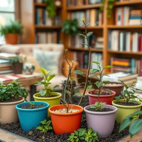 Visão geral de um mini jardim de chá em um ambiente acolhedor.