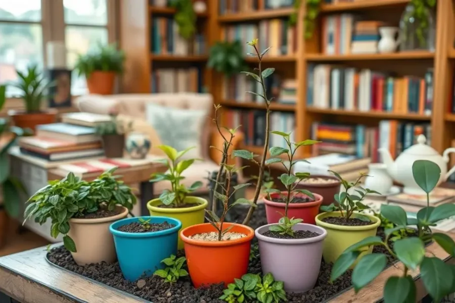 Visão geral de um mini jardim de chá em um ambiente acolhedor.